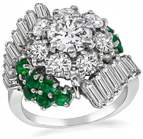 Round Cut Diamond Round Cut Emerald Platinum Cocktail Ring