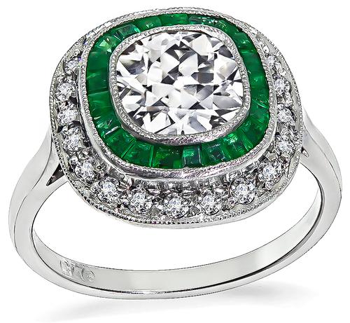 Art Deco Style Cushion Cut Diamond Emerald Platinum Engagement Ring