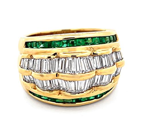 Baguette Cut Diamond Square Cut Emerald 18k Yellow Gold Ring