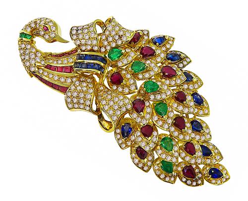 Pear and Square Cut Ruby Emerald Sapphire Round Cut Diamond 18k Yellow Gold Peacock Pin