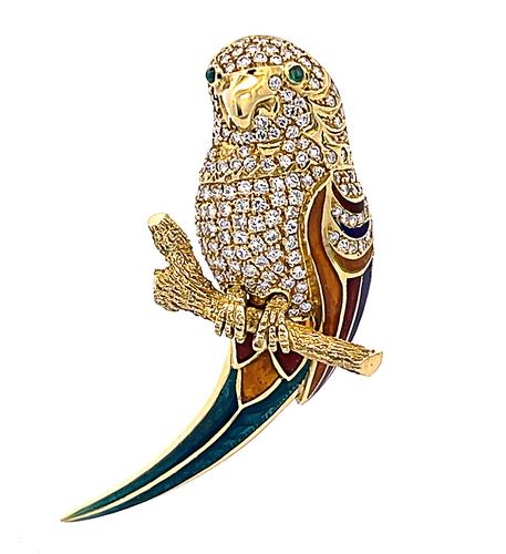 Round Cut Diamond Enamel 18k Yellow Gold Bird Pin