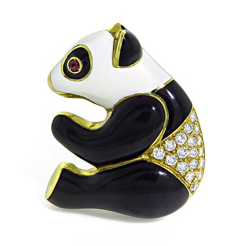 Round Cut Diamond Enamel 18k Yellow Gold Panda Pin