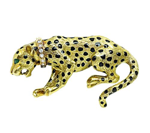18k Yellow Gold Round Cut Diamond Enamel Panther Pin