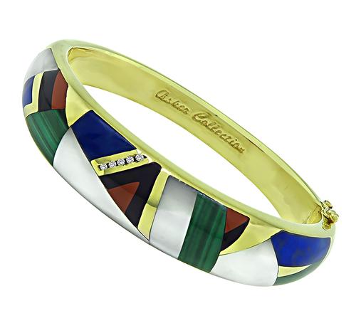 Round Cut Diamond Multi Color Gemstone Inlay 14k Yellow Gold Bangle