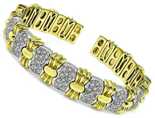 Round Cut Diamond Two Tone 14k Yellow and White Gold Bangle