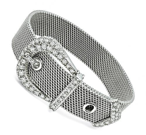 Round Cut Diamond 18k White Gold Belt Buckle Bracelet