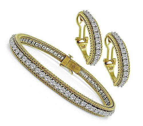 Round Cut Diamond 14k Yellow and White Gold Bracelet and Earrings Set