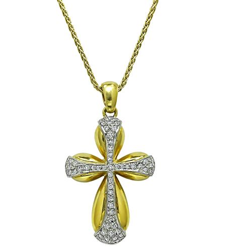 Round Cut Diamond 18k Yellow and White Gold Cross Pendant Necklace