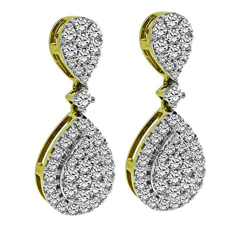 Round Cut Diamond 14k Yellow and White Gold Dangling Earrings