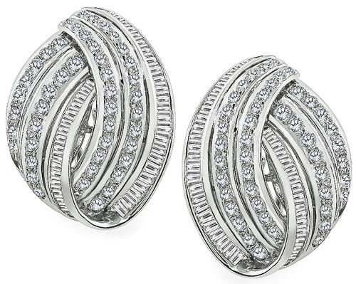 Round and Baguette Cut Diamond 18k White Gold Earrings