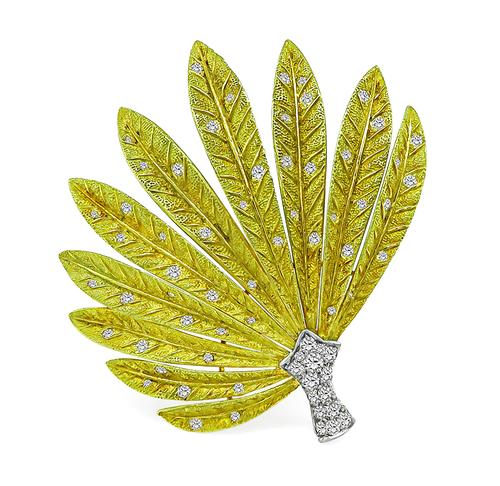 Round Cut Diamond 18k Yellow and White Gold Fan Pin