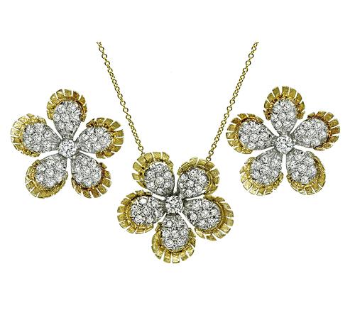 Round Cut Diamond Two Tone 18k Yellow and White Gold Pendant Necklace and Earrings Set