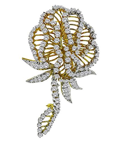 Round Cut Diamond 18k Yellow and White Gold Flower Pin