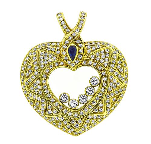 Round Cut Diamond Sapphire 18k Yellow Gold Heart Pendant