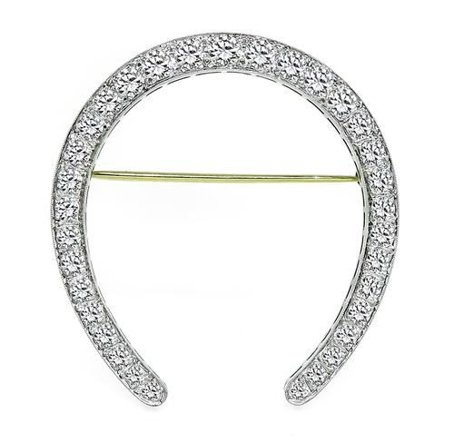 Round and Old Mine Cut Diamond Platinum Horse Shoe Pin