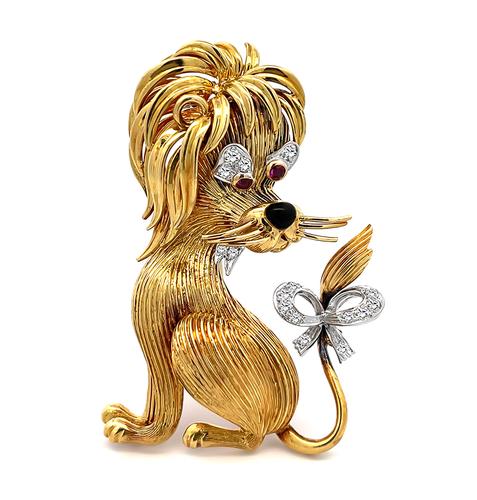 18k Yellow and White Gold Round Cut Diamond Ruby Onyx Lion Pin