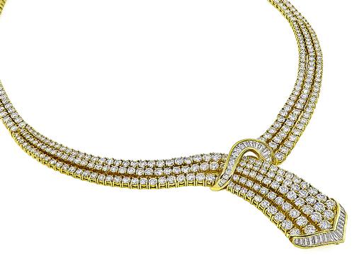 Round and Baguette Cut Diamond 18k Yellow Gold Necklace