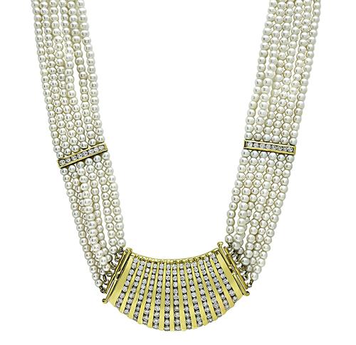 Round Cut Diamond 18k Yellow Gold Pearl Necklace