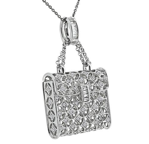 Baguette and Round Cut Diamond 18k White Gold Purse Pendant