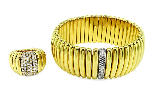 Round Cut Diamond 18k Yellow Gold Flexible Ring and Bangle Set