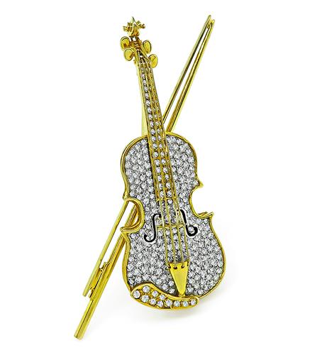 1960s Round Cut Diamond Enamel 14k Yellow Gold Violin Pin
