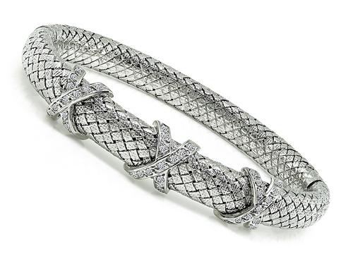 Round Cut Diamond 18k White Gold Weave Bangle