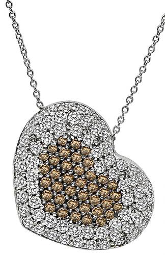 Round Cut Diamond and Natural Fancy Brown Diamond 18k White Gold Heart Pendant Necklace