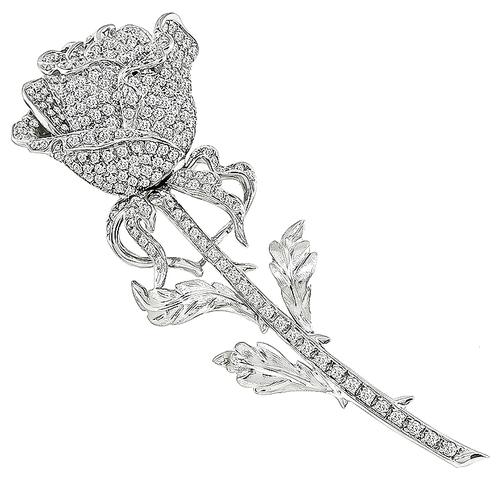 Round Cut Diamond 18k White Gold Long Stem Rose Pin