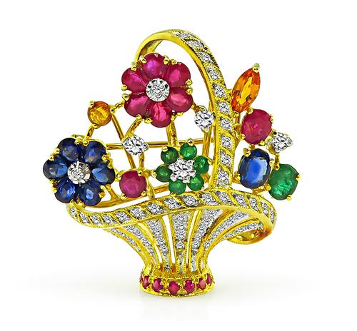 Round Cut Diamond Pear Round Oval and Marquise Cut Sapphire Ruby Emerald and Citrine 18k Yellow Gold Basket Pin