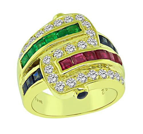 Round Cut Diamond Square Cut Sapphire Emerald and Ruby 18k Yellow Gold Ring
