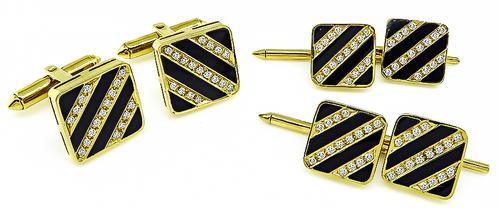 18k Yellow Gold Round Cut Diamond Onyx Tuxedo Set