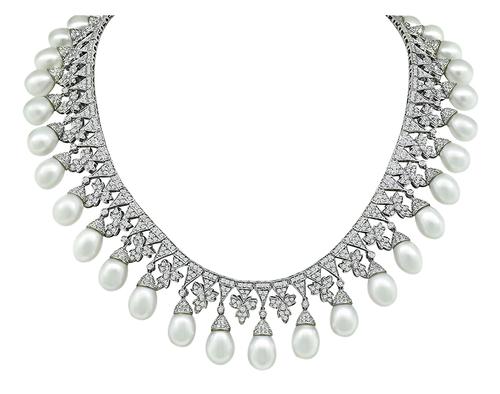 Pearl Round Cut Diamond 18k White Gold Necklace