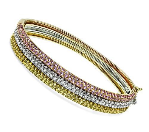 Round Cut Sapphire and Diamond Three Tone 18k Yellow Pink and White Gold Bangle
