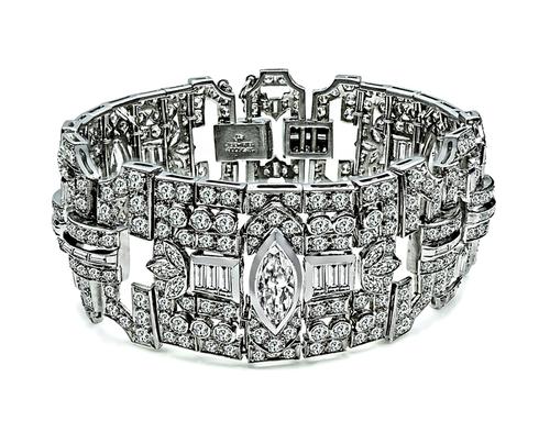 Marquise Baguette and European Cut Diamond Platinum Bracelet