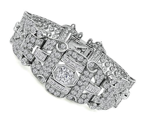 1.70ct Asscher Cut Center Diamond 10.50ct Baguette Trapezoid Old Mine and Round Cut Diamond Platinum Bracelet