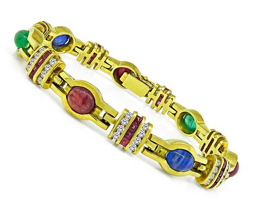 Cabochon Multi Color Precious Gemstone Round Cut Diamond 18k Yellow Gold Bracelet