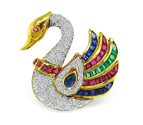 Round Cut Diamond Emerald Ruby and Sapphire 18k Yellow and White Gold Swan Pin