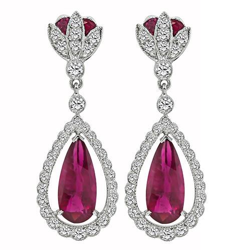 Pear and Fan Shape Rubellite Round Cut Diamond 18k White Gold Earrings