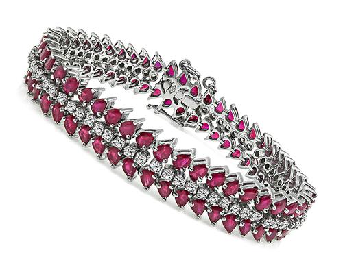 Pear Shape Ruby Round Cut Diamond 18k White Gold Bracelet