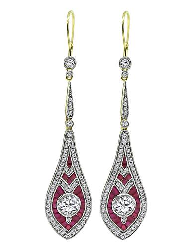 Round Cut Diamond Baguette Cut Ruby 14k Yellow and White Gold Drop Earrings