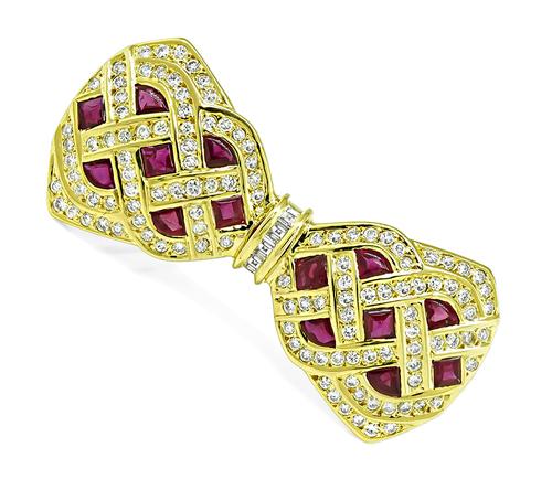 Round and Emerald Cut Diamond Ruby 18k Yellow Gold Bow Pin