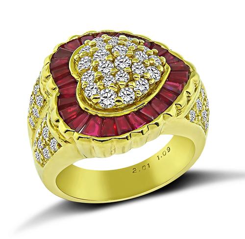 Round Cut Diamond Baguette Cut Ruby 18k Yellow Gold Heart Ring