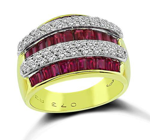 Baguette Cut Ruby Round Cut Diamond 18k Yellow and White Gold Ring
