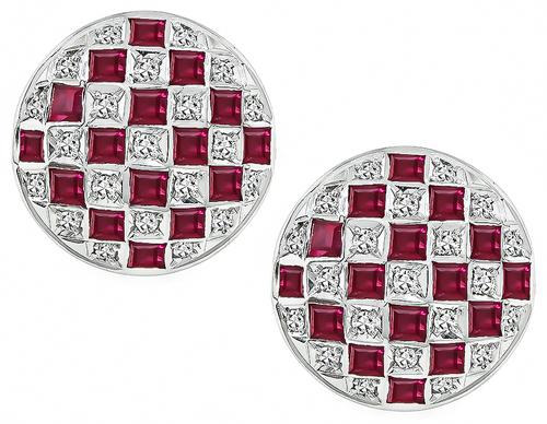 Square Cut Ruby Round Cut Diamond Platinum Earrings