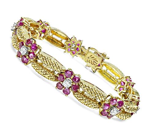 Round Cut Ruby and Diamond 18k Yellow Gold Bracelet