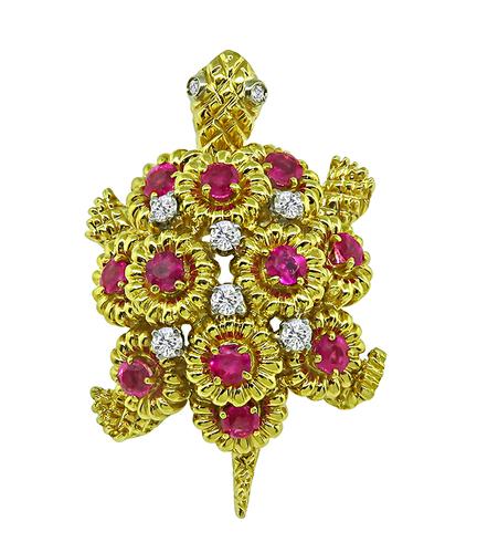 Round Cut Ruby and Diamond 18k Yellow Gold Turtle Pin