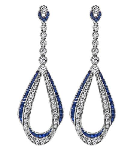Round Cut Diamond Square Cut Sapphire 14k White Gold Dangling Earrings