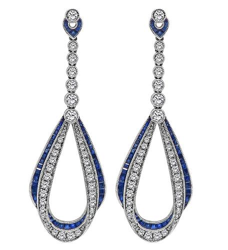 Round Cut Diamond Square Cut Sapphire 14k White Gold Dangling Earrings