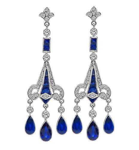 Pear and French Cut Sapphire Round Cut Diamond 18k White Gold Chandelier Earrings