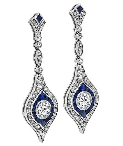 Round Cut Diamond Sapphire Platinum Dangling Earrings